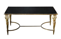 Mid Century French Coffee Table in the Neo-Classical style with brass female caryatids supporting a brass framed black glass top - French Mid Century Furniture - AD & PS Antiques