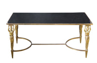 Mid Century French Coffee Table in the Neo-Classical style with brass female caryatids supporting a brass framed black glass top - French Mid Century Furniture - AD & PS Antiques