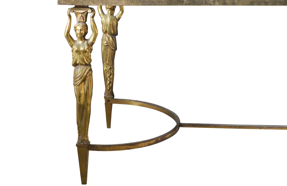 Mid Century French Coffee Table in the Neo-Classical style with brass female caryatids supporting a brass framed black glass top - French Mid Century Furniture - AD & PS Antiques