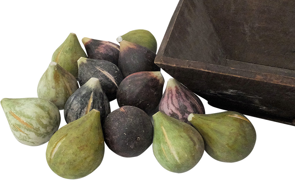 COLLECTION OF 14 TROMPE L'OEIL MARBLE FIGS IN WOODEN PANIER