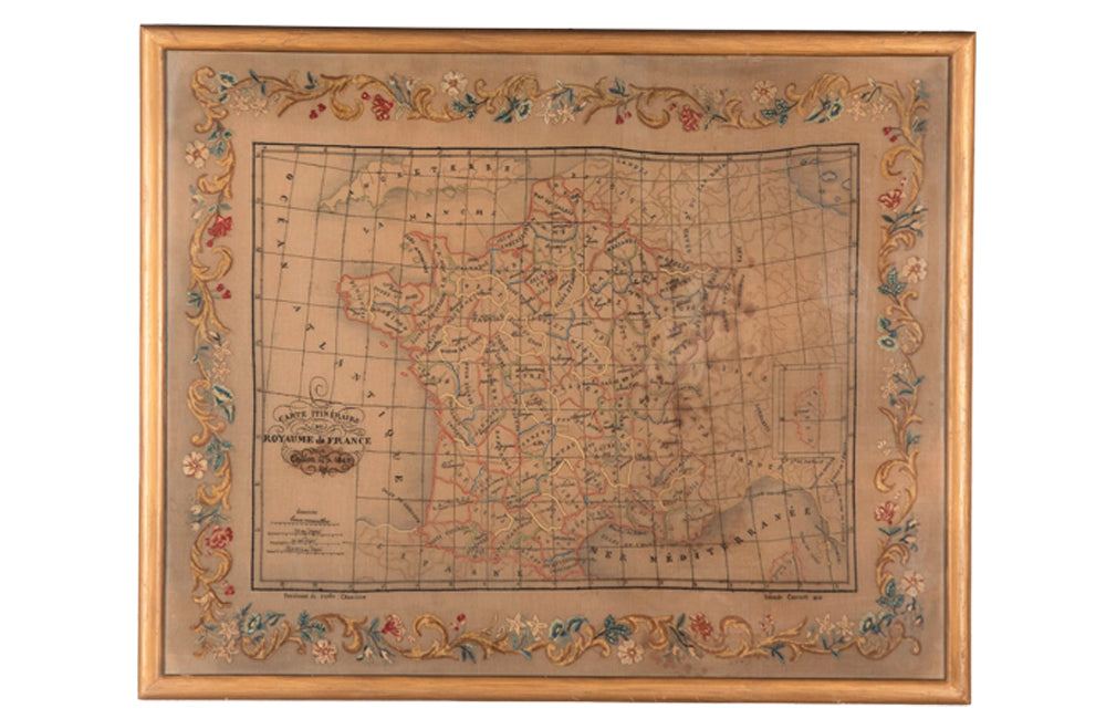 Framed Early 19th Century Silkwork French Map - French Decorative Antiques - Silkwork - Antique Textiles - Cartography - Decorative Antiques - Decorative Accessories - Wall Art - Wall decorations - Antique Needlework - Antique Maps - Antique Shope Tetbury - adpsantiques - AD & PS Antiques