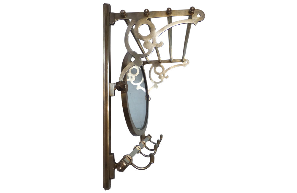 French Brass Coat Hat Rack With Oval Mirror - Antique Mirror - Antique Coat Rack – Antique Hat Stand - Brass hooks – Portmanteau - French Antiques – Decorative Antiques - AD & PS Antiques
