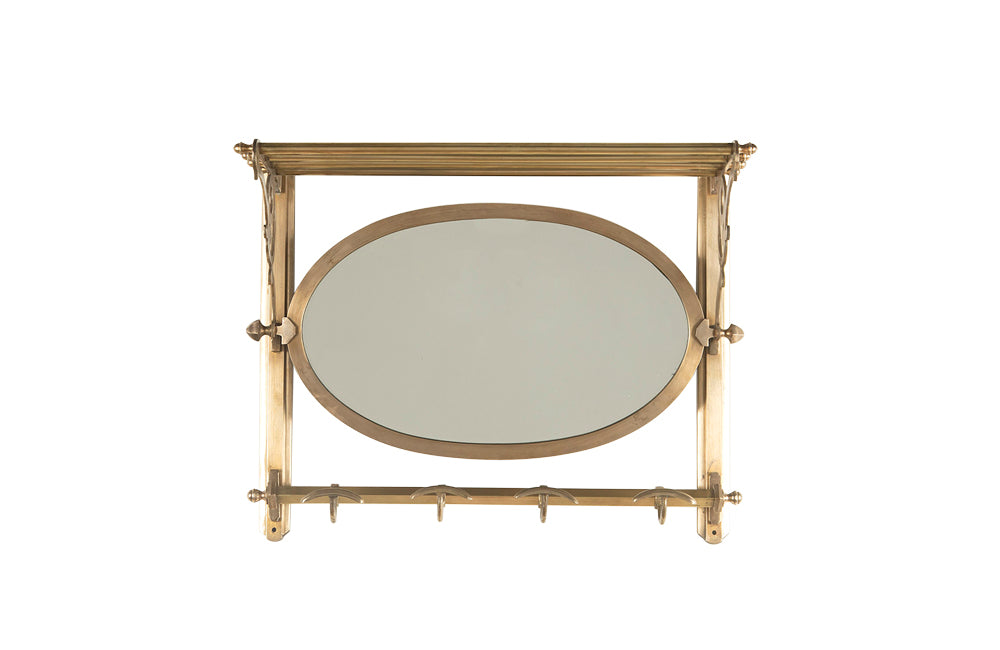 French Brass Coat Hat Rack With Oval Mirror - Antique Mirror - Antique Coat Rack – Antique Hat Stand - Brass hooks – Portmanteau - French Antiques – Decorative Antiques - AD & PS Antiques