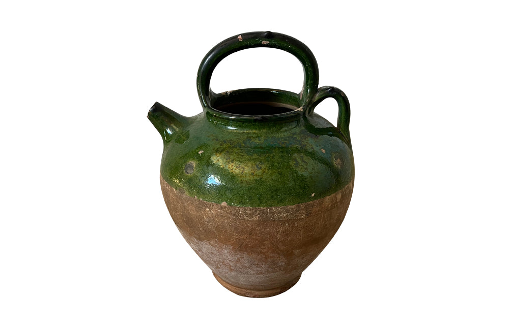 19th Century Green Glazed French Pottery Jug - Decorative Antiques - French Garden Antiques - Green Glazed Pottery - French Pottery Cruche -Decorative Antiques - French Decorative Antiques - Antique Shops Tetbury - Ceramics - AD & PS Antiques