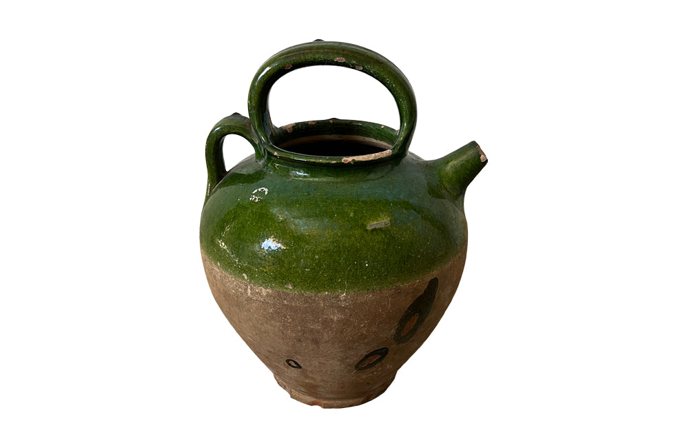 19th Century Green Glazed French Pottery Jug - Decorative Antiques - French Garden Antiques - Green Glazed Pottery - French Pottery Cruche -Decorative Antiques - French Decorative Antiques - Antique Shops Tetbury - Ceramics - AD & PS Antiques 