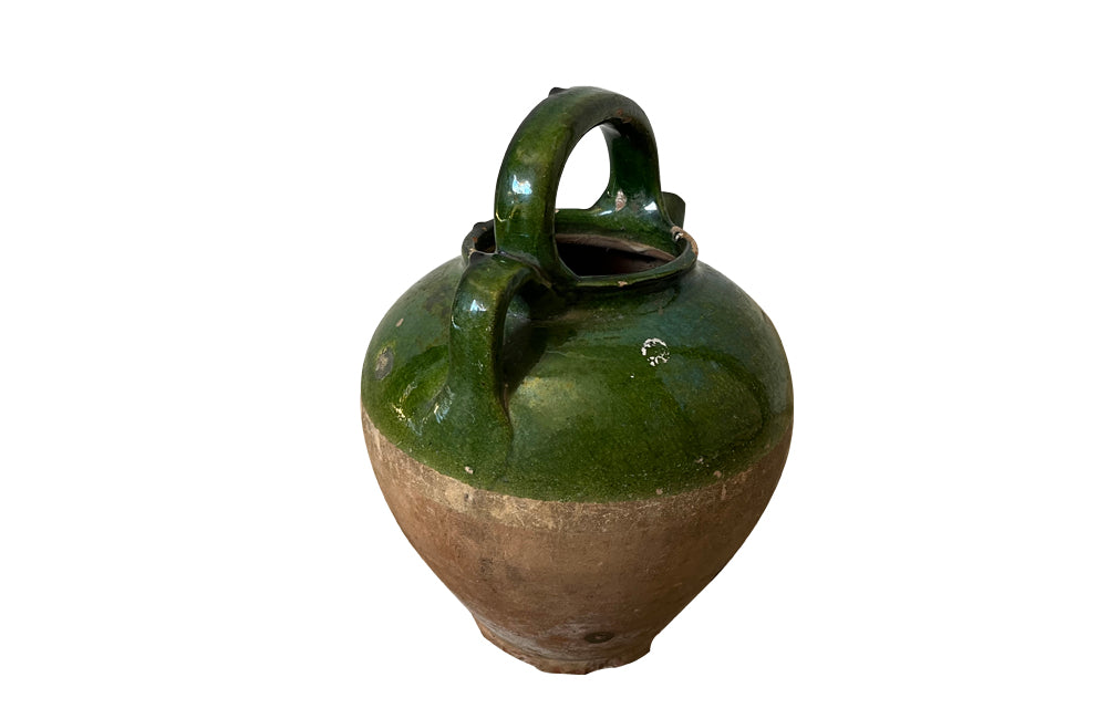 19th Century Green Glazed French Pottery Jug - Decorative Antiques - French Garden Antiques - Green Glazed Pottery - French Pottery Cruche -Decorative Antiques - French Decorative Antiques - Antique Shops Tetbury - Ceramics - AD & PS Antiques 