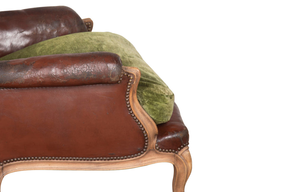 Pair Of Large French Worn Leather Armchairs - French Antique Furniture - Antique Armchairs  - French antiques - Antique Chairs - AD & PS Antiques
