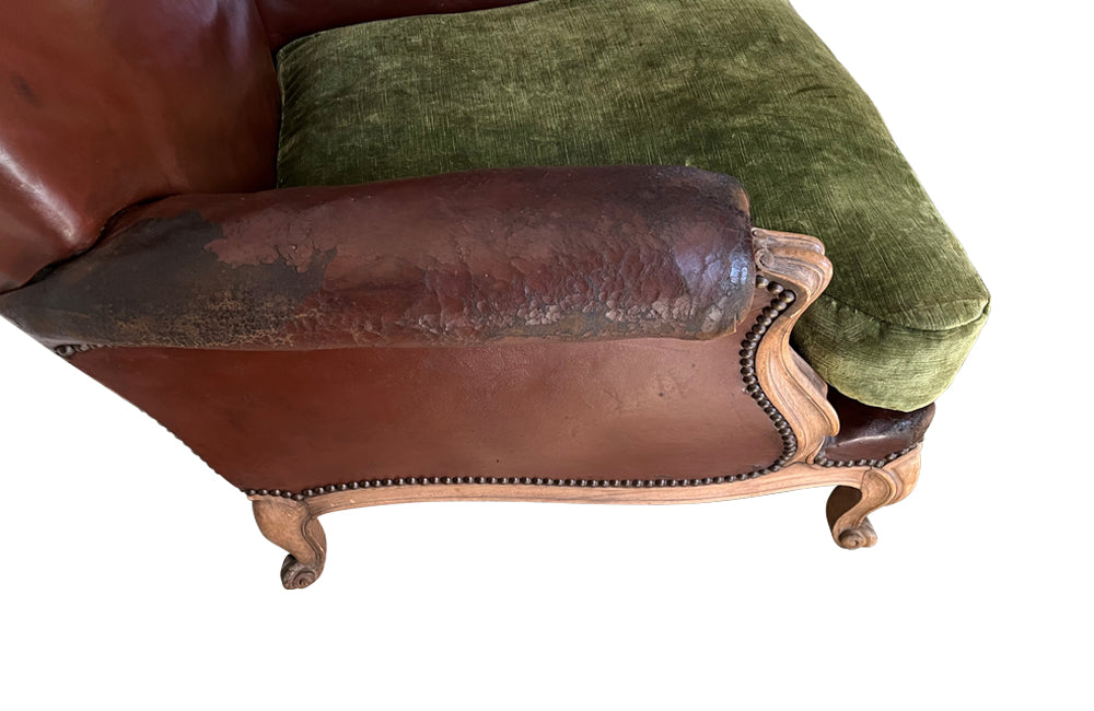 Pair Of Large French Worn Leather Armchairs - French Antique Furniture - Antique Armchairs  - French antiques - Antique Chairs - AD & PS Antiques