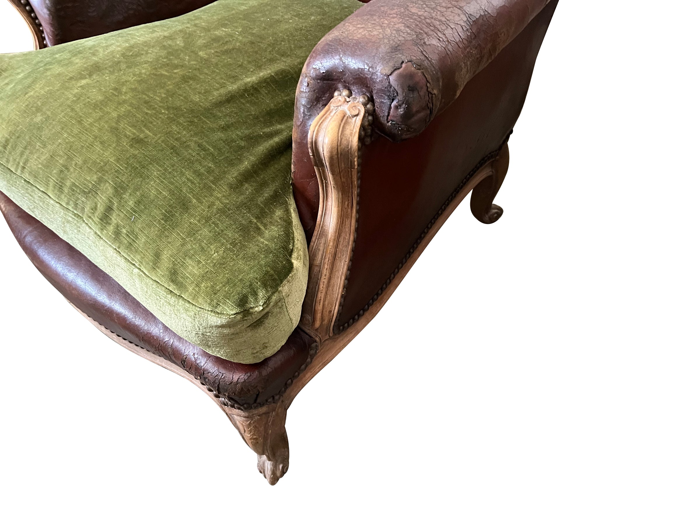 Pair Of Large French Worn Leather Armchairs - French Antique Furniture - Antique Armchairs  - French antiques - Antique Chairs - AD & PS Antiques