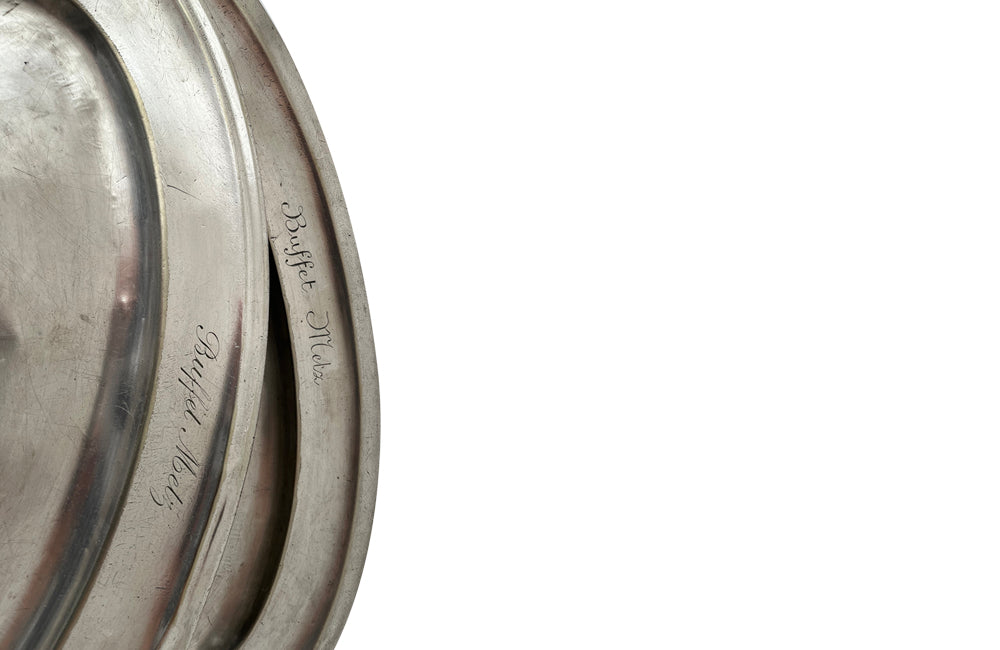 Two large French silverplate serving trays engraved 'Buffet Metz'. Both lovely hotel quality, one stamped with the makers mark Christofle.