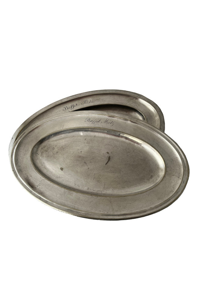 Two large French silverplate serving trays engraved 'Buffet Metz'. Both lovely hotel quality, one stamped with the makers mark Christofle.