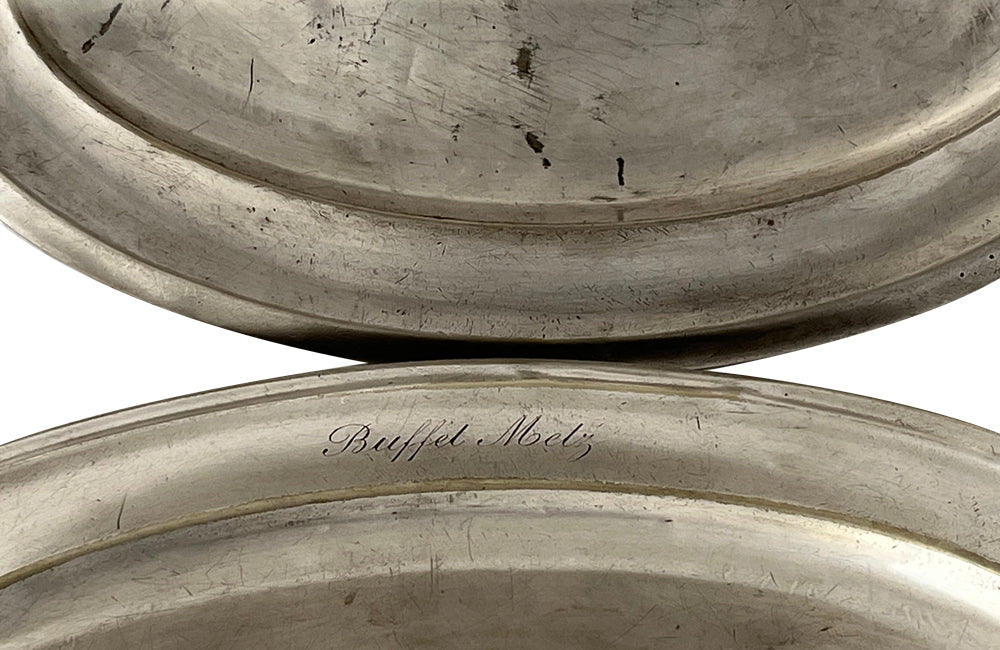 Two large French silverplate serving trays engraved 'Buffet Metz'. Both lovely hotel quality, one stamped with the makers mark Christofle.