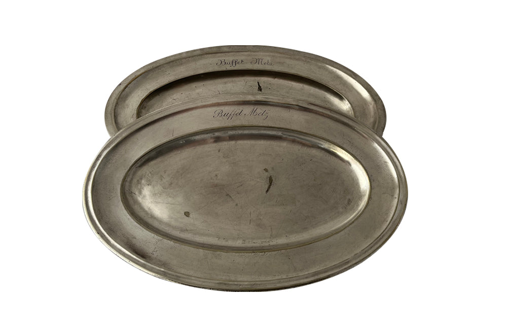 Two large French silverplate serving trays engraved 'Buffet Metz'. Both lovely hotel quality, one stamped with the makers mark Christofle.
