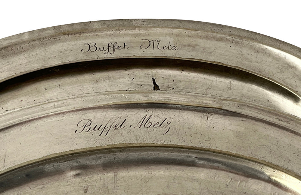 Two large French silverplate serving trays engraved 'Buffet Metz'. Both lovely hotel quality, one stamped with the makers mark Christofle.