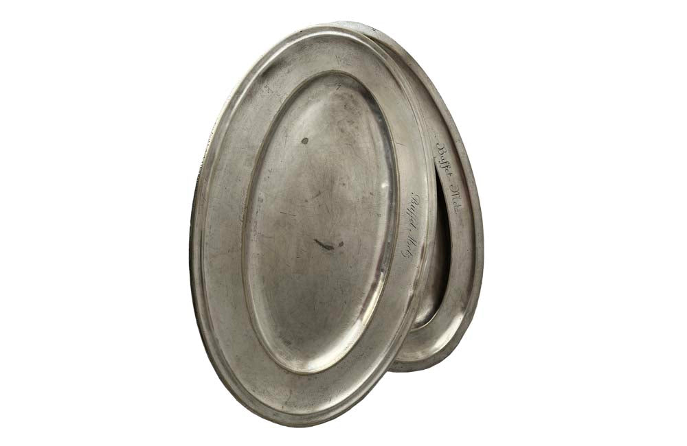 Two large French silverplate serving trays engraved 'Buffet Metz'. Both lovely hotel quality, one stamped with the makers mark Christofle.