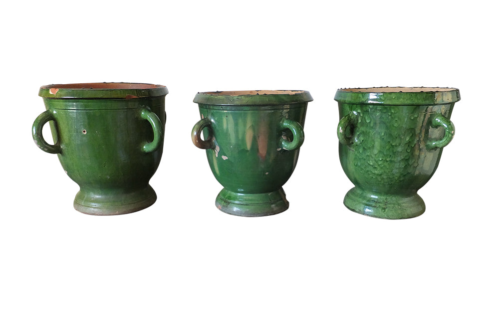 Set Of Three Large French Castelnaudary Planters - French Garden Antiques - Antique Garden Planters - Castelnaudary Pots - Green Glazed Pottery - French Decorative Antiques - Antique Shops Tetbury - Ceramics -  AD & PS Antiques