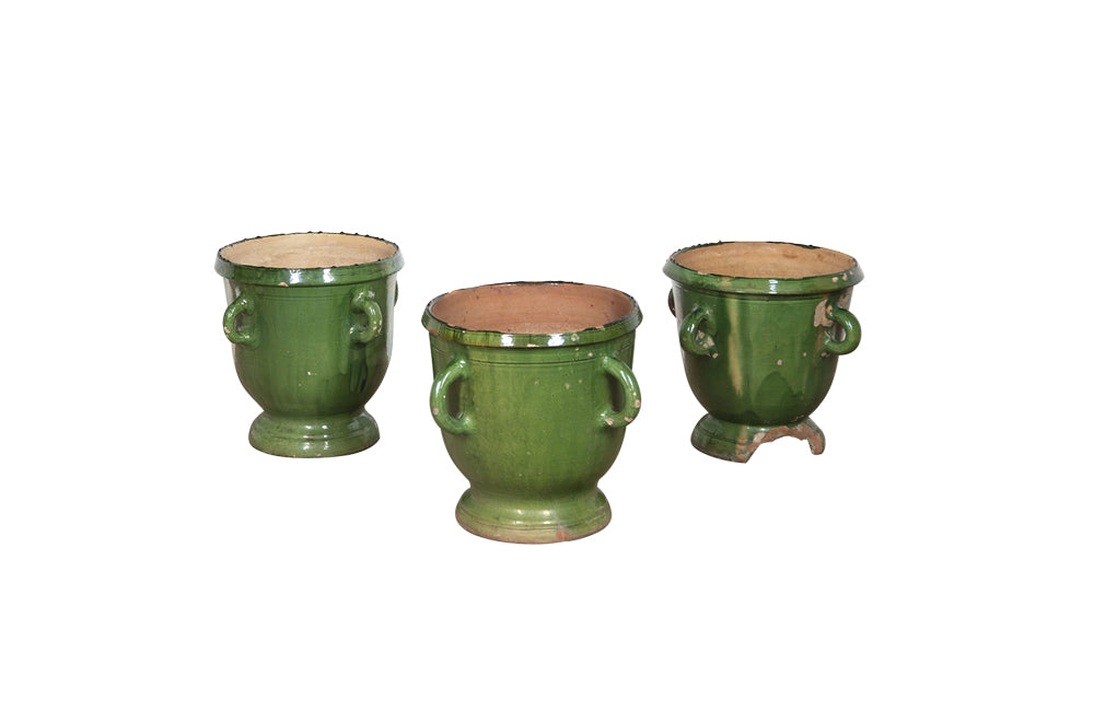 Set Of Three Large French Castelnaudary Planters - French Garden Antiques - Antique Garden Planters - Castelnaudary Pots - Green Glazed Pottery - French Decorative Antiques - Antique Shops Tetbury - Ceramics - AD & PS Antiques