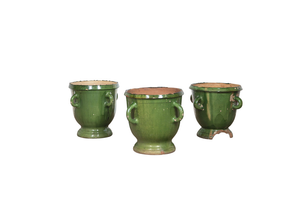 Set Of Three Large French Castelnaudary Planters - French Garden Antiques - Antique Garden Planters - Castelnaudary Pots - Green Glazed Pottery - French Decorative Antiques - Antique Shops Tetbury - Ceramics - AD & PS Antiques