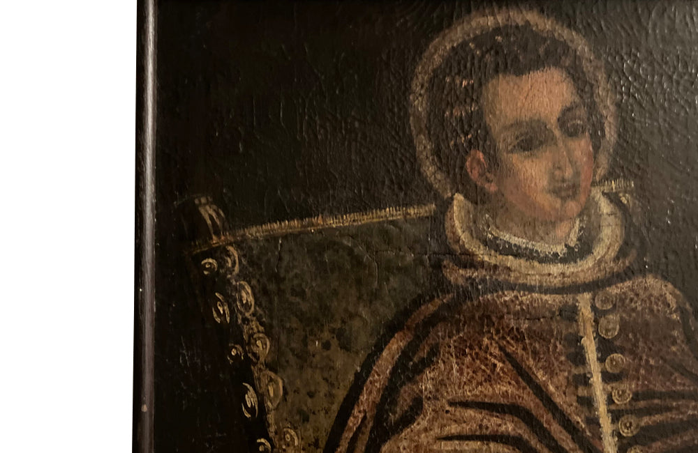 Charming 16th-17th Cuzco oil on canvas painting of a seated haloed Saint.
