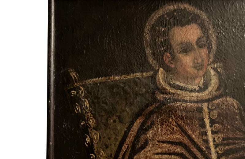 Charming 16th-17th Cuzco oil on canvas painting of a seated haloed Saint.