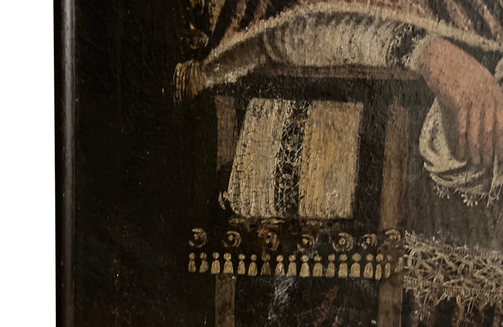 Charming 16th-17th Cuzco oil on canvas painting of a seated haloed Saint.