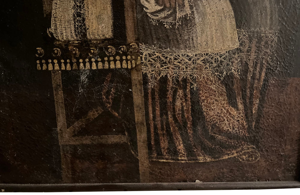 Charming 16th-17th Cuzco oil on canvas painting of a seated haloed Saint.