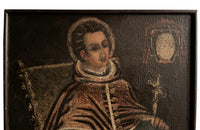 Charming 16th-17th Cuzco oil on canvas painting of a seated haloed Saint.