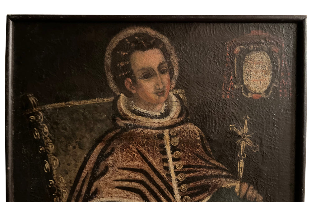 Charming 16th-17th Cuzco oil on canvas painting of a seated haloed Saint.