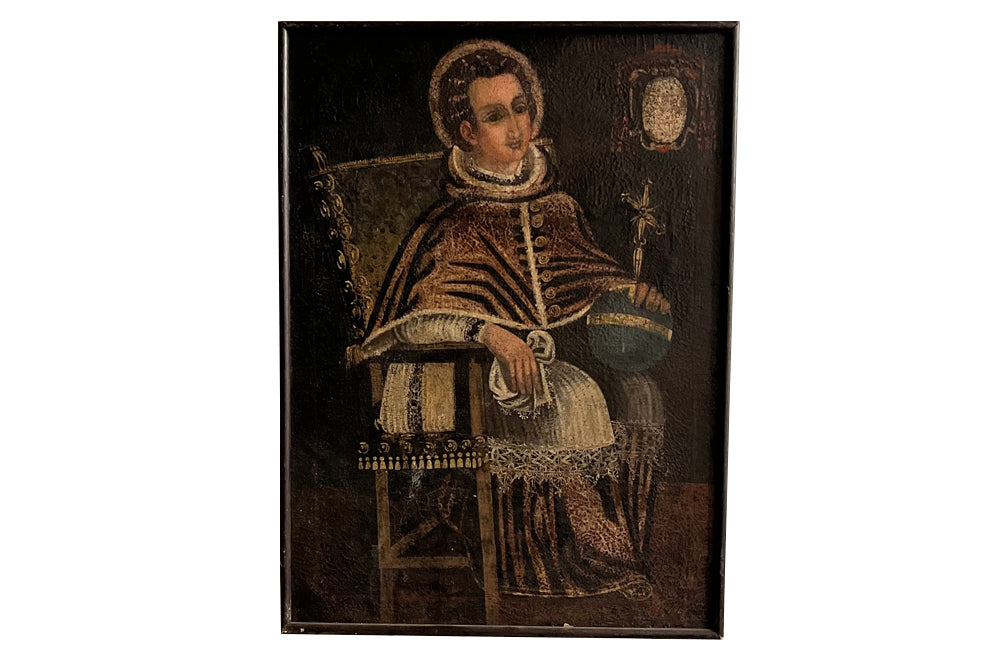 Charming 16th-17th Cuzco oil on canvas painting of a seated haloed Saint.