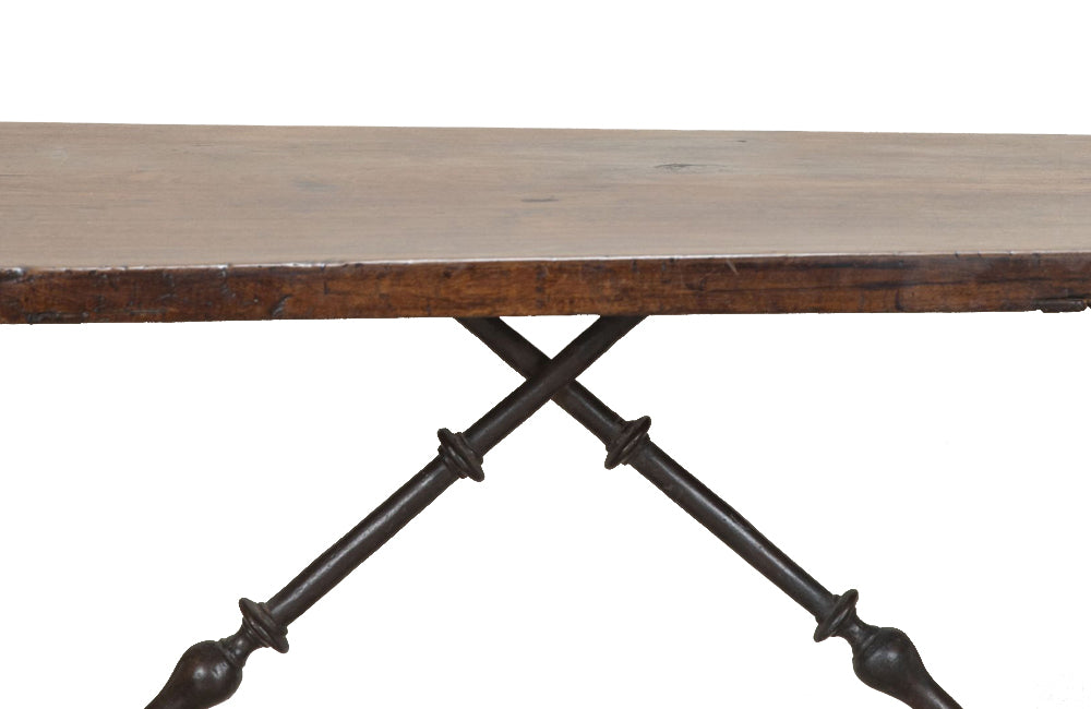 Late 17th Century Spanish walnut top dining table with wrought iron stretcher