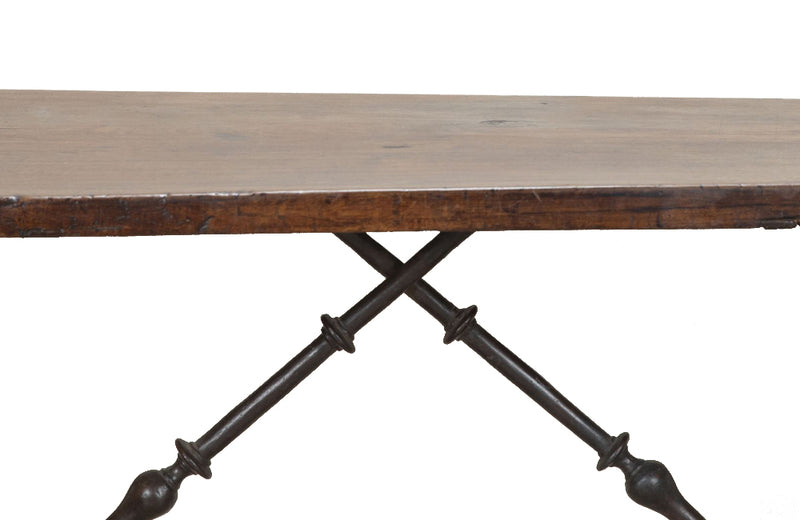 Late 17th Century Spanish walnut top dining table with wrought iron stretcher