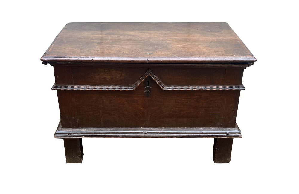 Antique marriage coffer in oak from Anjou in the Isere region. 17th Century French. French antique furniture.