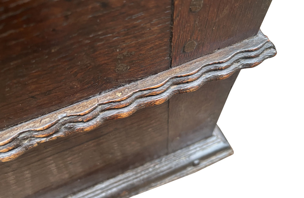 Antique marriage coffer in oak from Anjou in the Isere region. 17th Century French. French antique furniture.