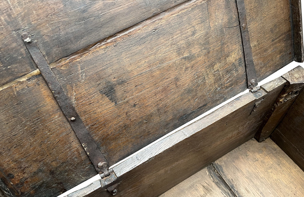 Antique marriage coffer in oak from Anjou in the Isere region. 17th Century French. French antique furniture.