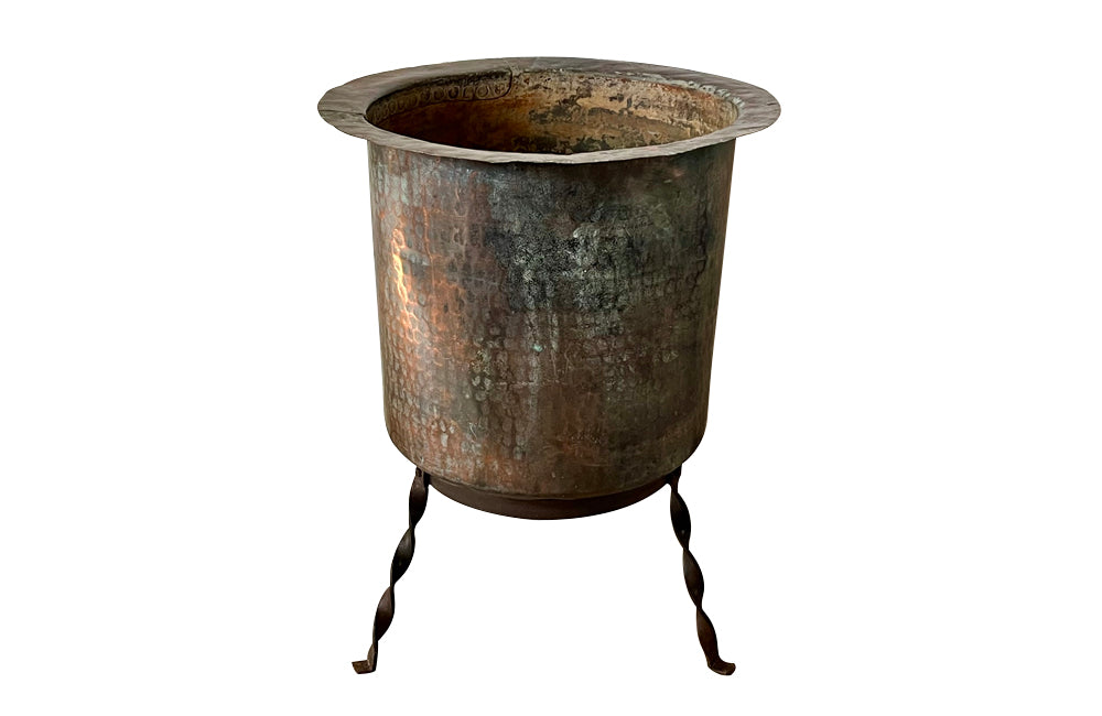 Beautiful 18th century French hammered and riveted copper vat on a later iron stand - Garden antiques