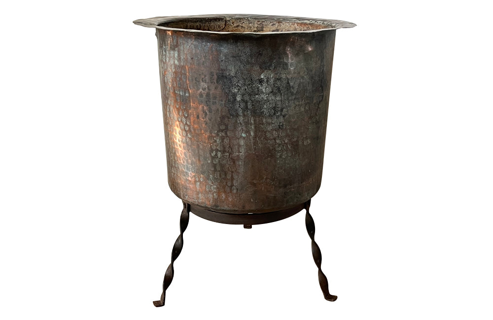 Beautiful 18th century French hammered and riveted copper vat on a later iron stand - Garden antiques