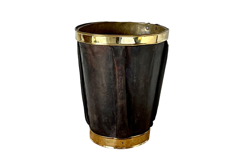 18th century Black leather bucket qith riveted brass rim to top and base