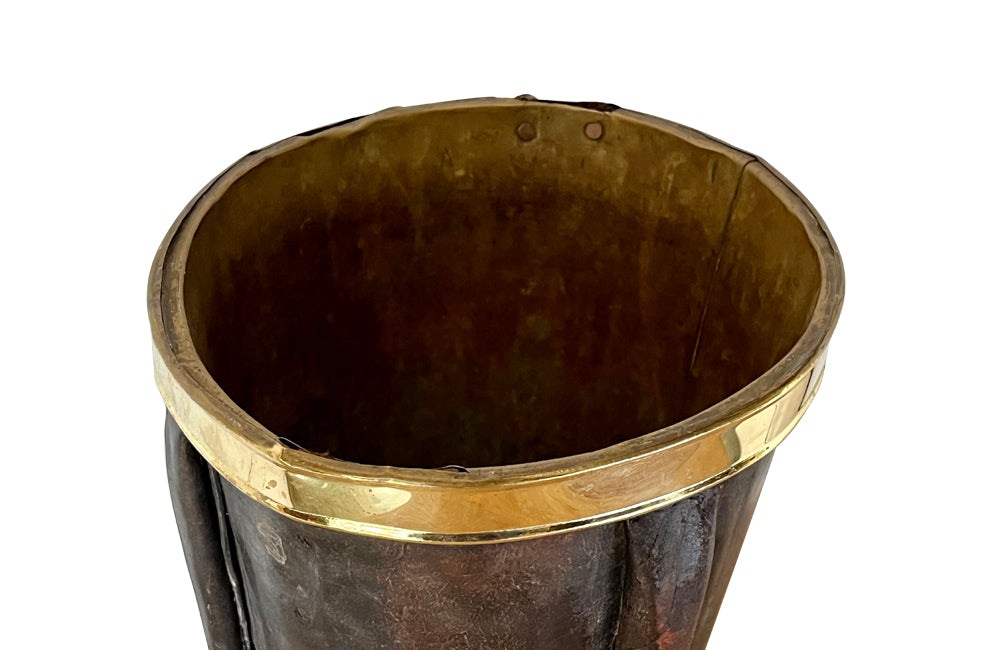 18th century Black leather bucket qith riveted brass rim to top and base