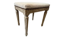 18th century charming painted Louis XVI stool has reeded legs and carving to all sides in the Neo-Classical style.