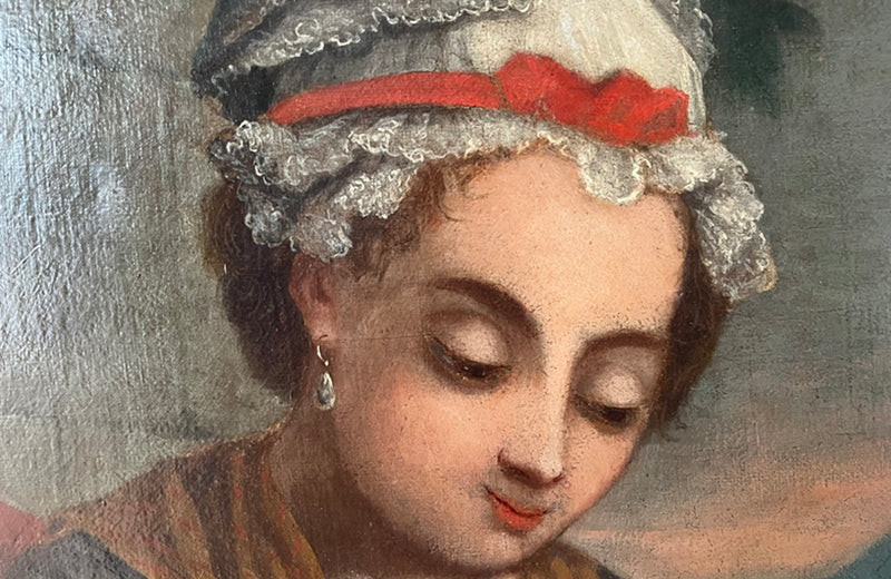 18th century French oil on canvas portrait of an Arlesian seamstress at her embroidery work - French Antiques