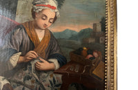 18th century French oil on canvas portrait of an Arlesian seamstress at her embroidery work - French Antiques