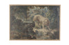 Beautiful, framed 18th century oil on canvas tapestry cartoon painting of a hound by a stone fountain in a country landscape