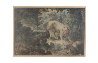 Beautiful, framed 18th century oil on canvas tapestry cartoon painting of a hound by a stone fountain in a country landscape