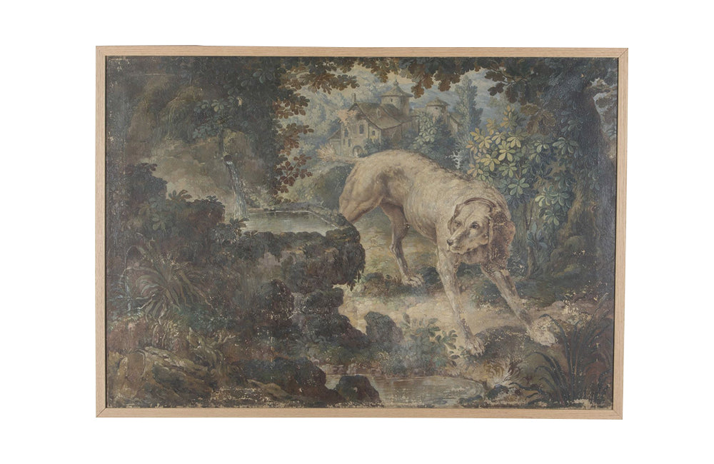 Beautiful, framed 18th century oil on canvas tapestry cartoon painting of a hound by a stone fountain in a country landscape