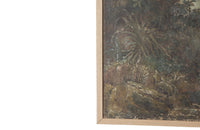 Beautiful, framed 18th century oil on canvas tapestry cartoon painting of a hound by a stone fountain in a country landscape