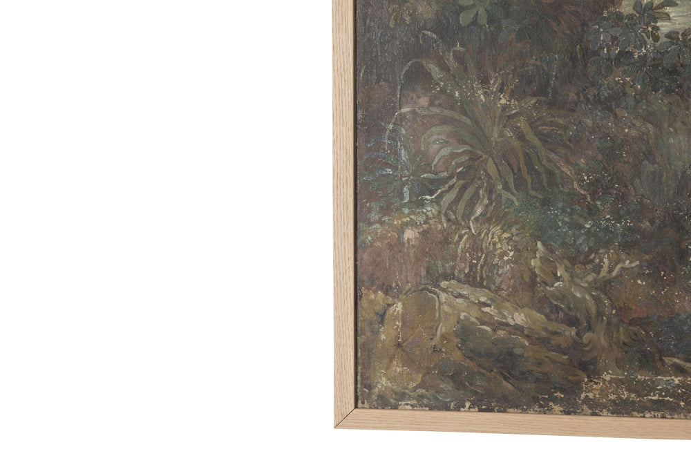 Beautiful, framed 18th century oil on canvas tapestry cartoon painting of a hound by a stone fountain in a country landscape