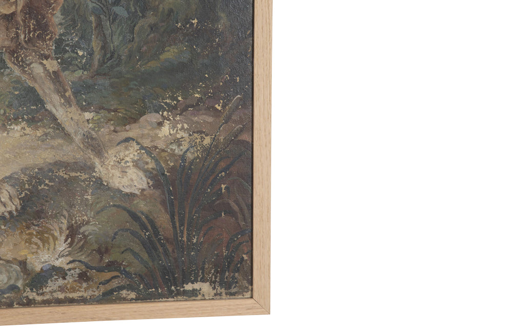 Beautiful, framed 18th century oil on canvas tapestry cartoon painting of a hound by a stone fountain in a country landscape