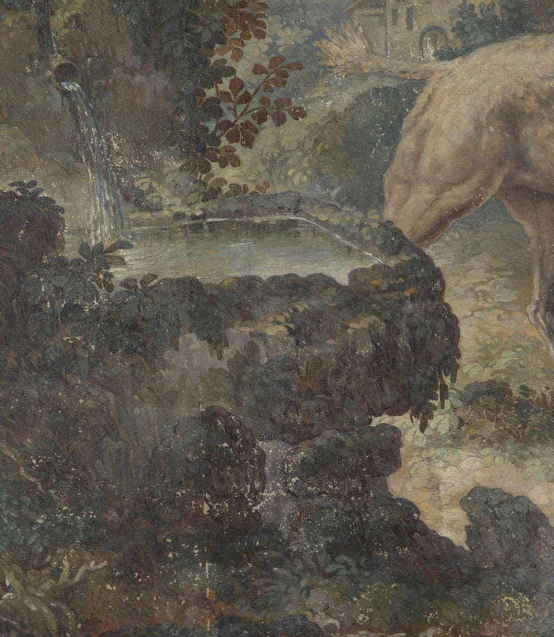 Beautiful, framed 18th century oil on canvas tapestry cartoon painting of a hound by a stone fountain in a country landscape