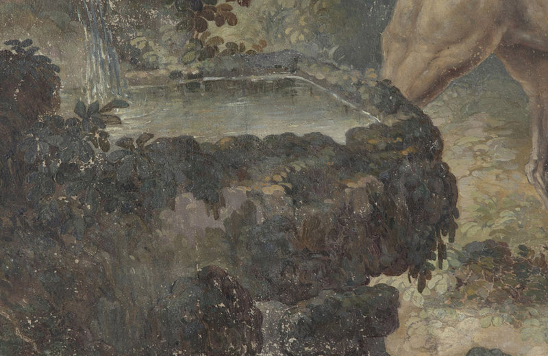 Beautiful, framed 18th century oil on canvas tapestry cartoon painting of a hound by a stone fountain in a country landscape