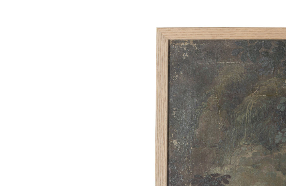 Beautiful, framed 18th century oil on canvas tapestry cartoon painting of a hound by a stone fountain in a country landscape